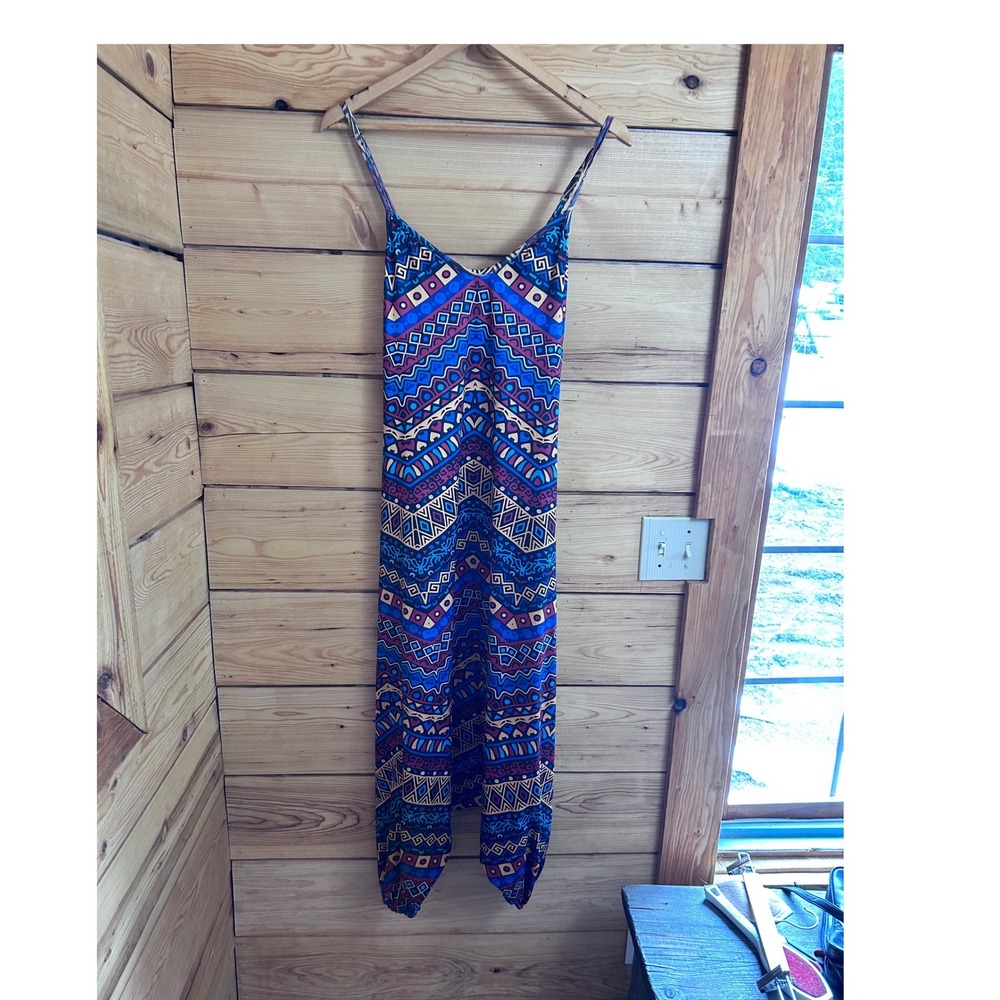 Boho Tribal Print Harem Jumpsuit Blue Geometric Adjustable Straps‎ Pockets Harem